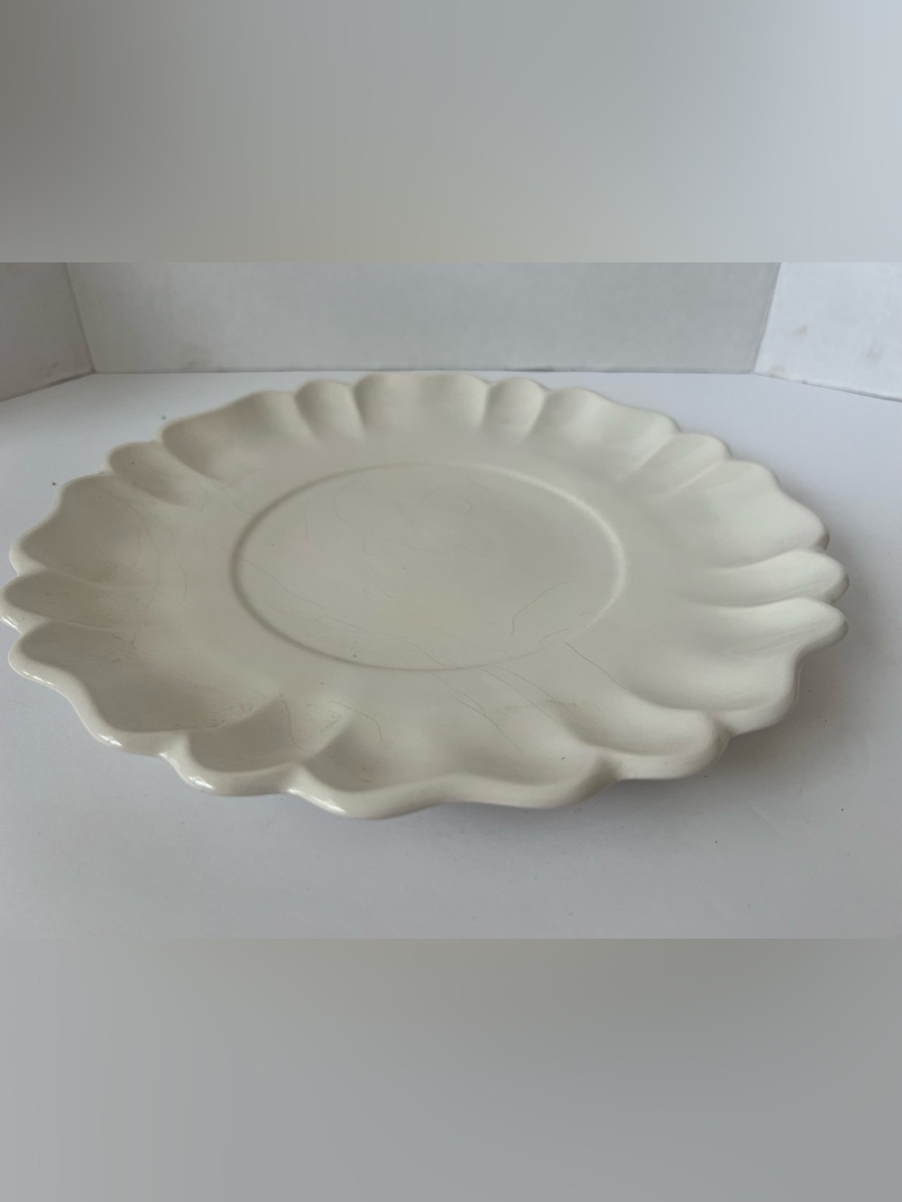 Vintage California Pottery X16 USA White Scalloped Serving Platter 12" Mid Centu